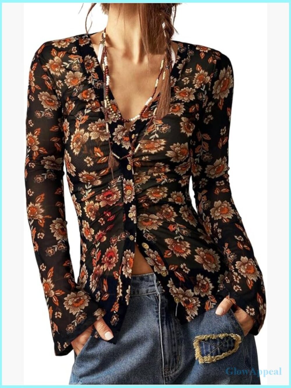 Boho Floral Long Sleeve Blouse V-Neck Button Down Slim Fit Top